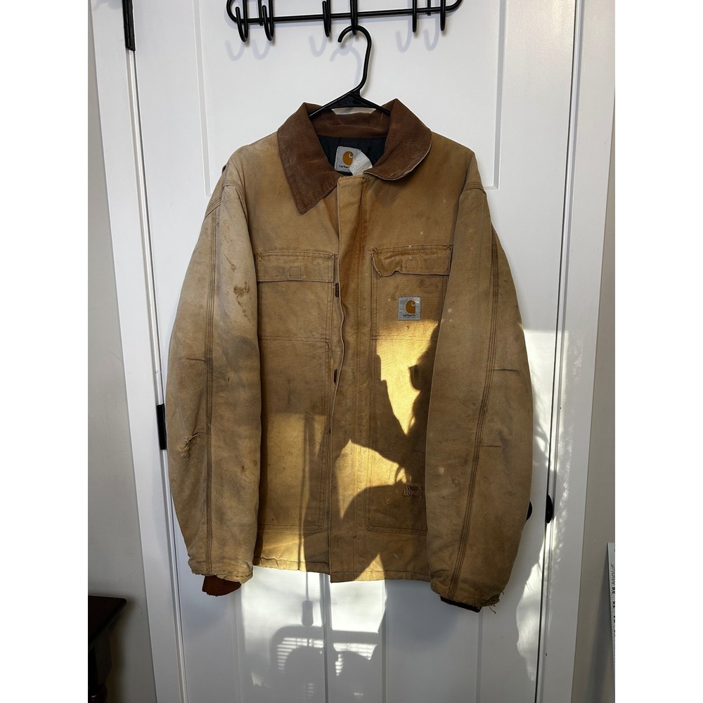 Vintage Carhartt Chore Coat Brown Duck Canvas Corduroy Collar Quilt Lined 3216